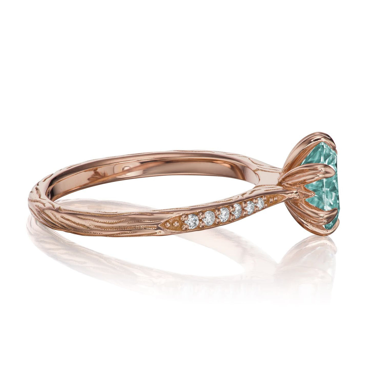 ・CAMILLE・Aqua-Teal Iconic™ Moissanite, Twig Textured Diamond Band (1.5ct Center)