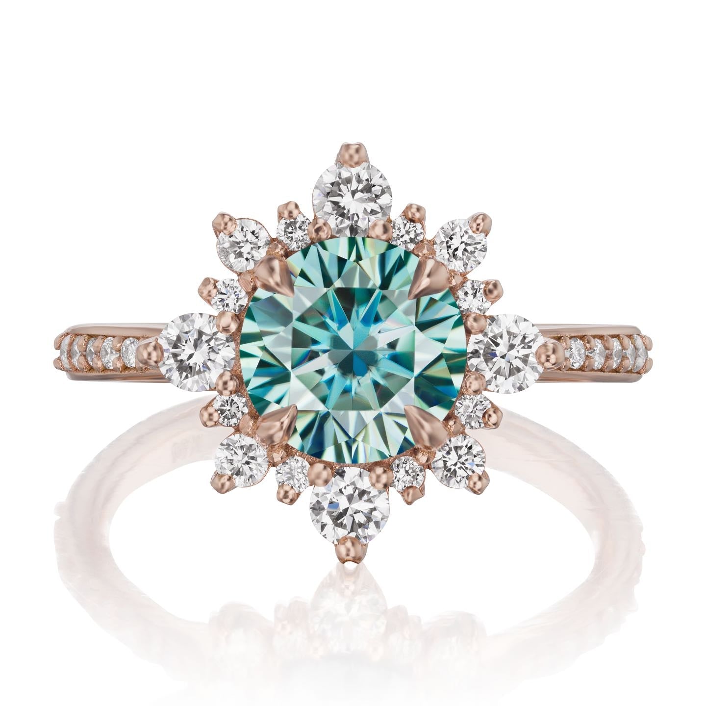 ・REYNA・Aqua-Teal Iconic™ Moissanite Center, Diamond Halo (1.93ctw+)