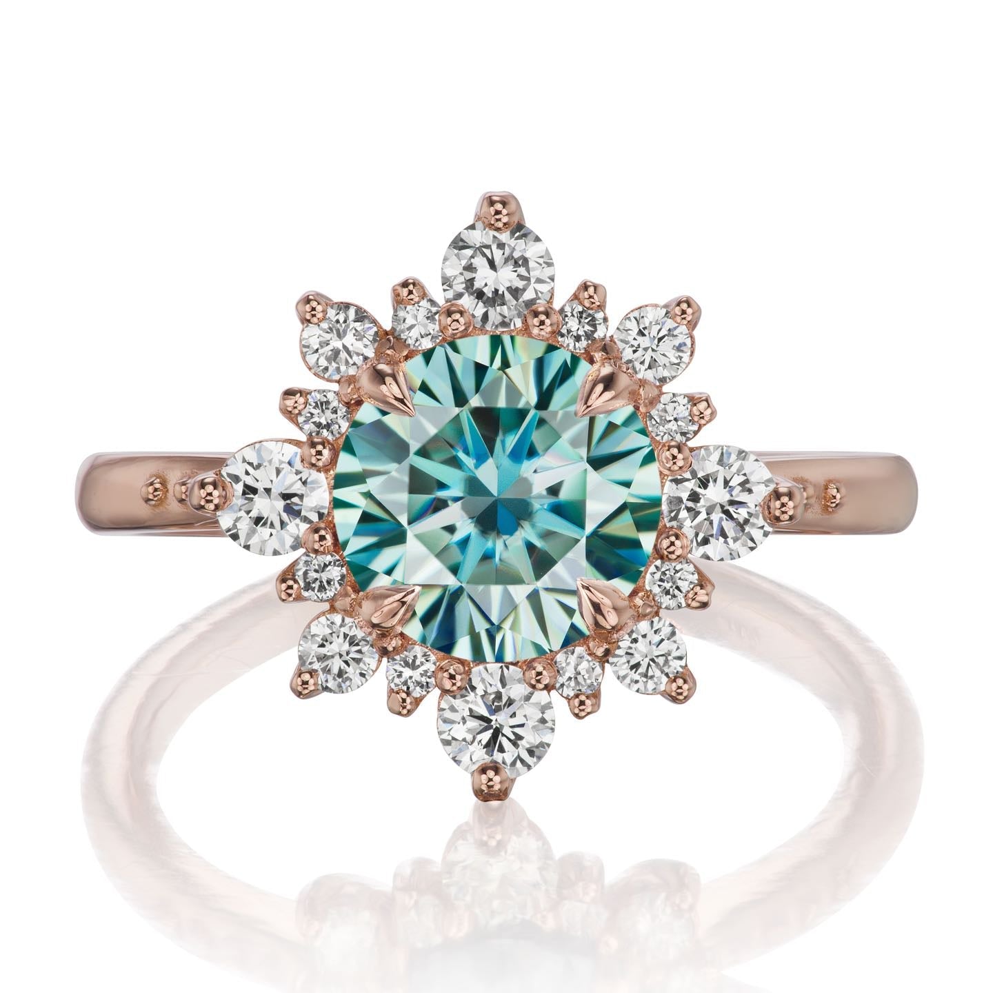 ・REYNA・Aqua-Teal Iconic™ Moissanite Center, Diamond Halo (1.93ctw+)
