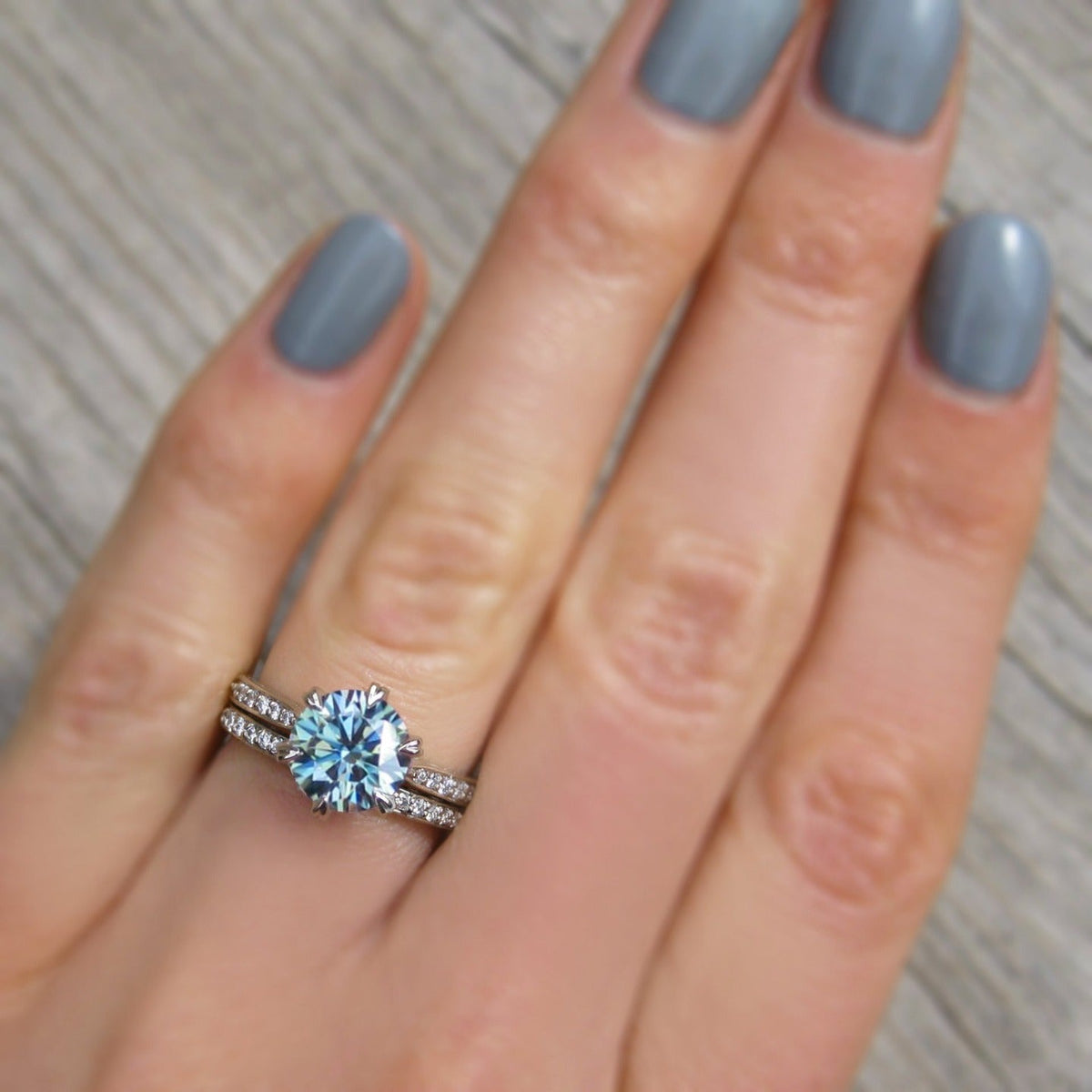 ・CAMILLE・Aqua-Teal Iconic™ Moissanite, Twig Textured Diamond Band (1.5ct Center)