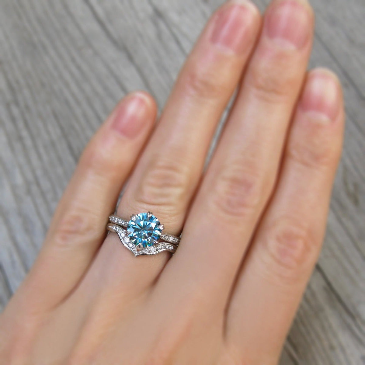 ・CAMILLE・Aqua-Teal Iconic™ Moissanite, Twig Textured Diamond Band (1.5ct Center)