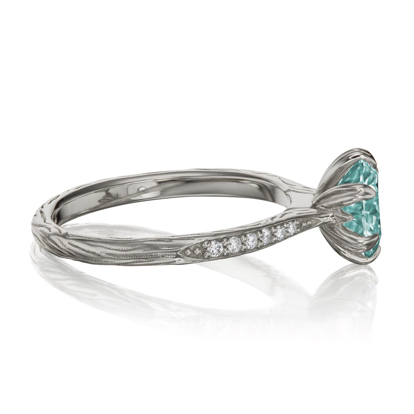 ・CAMILLE・Aqua-Teal Iconic™ Moissanite, Twig Textured Diamond Band (1.5ct Center)