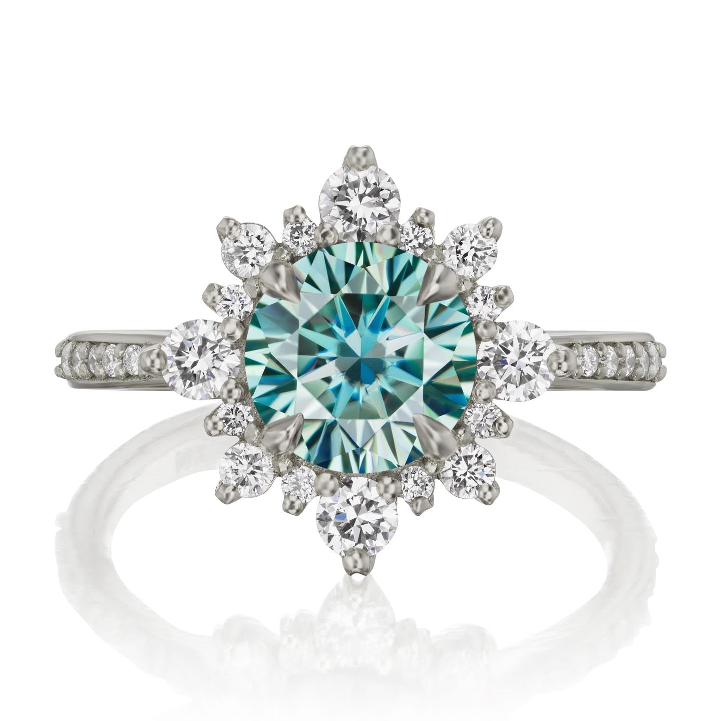 ・REYNA・Aqua-Teal Iconic™ Moissanite Center, Diamond Halo (1.93ctw+)