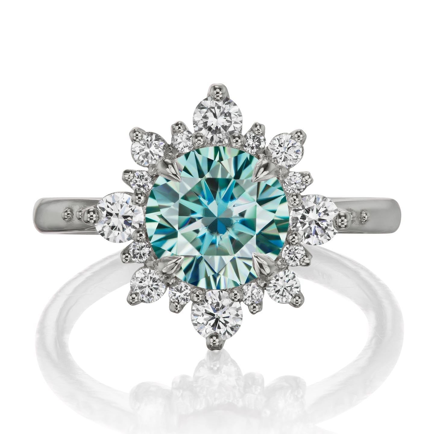・REYNA・Aqua-Teal Iconic™ Moissanite Center, Diamond Halo (1.93ctw+)