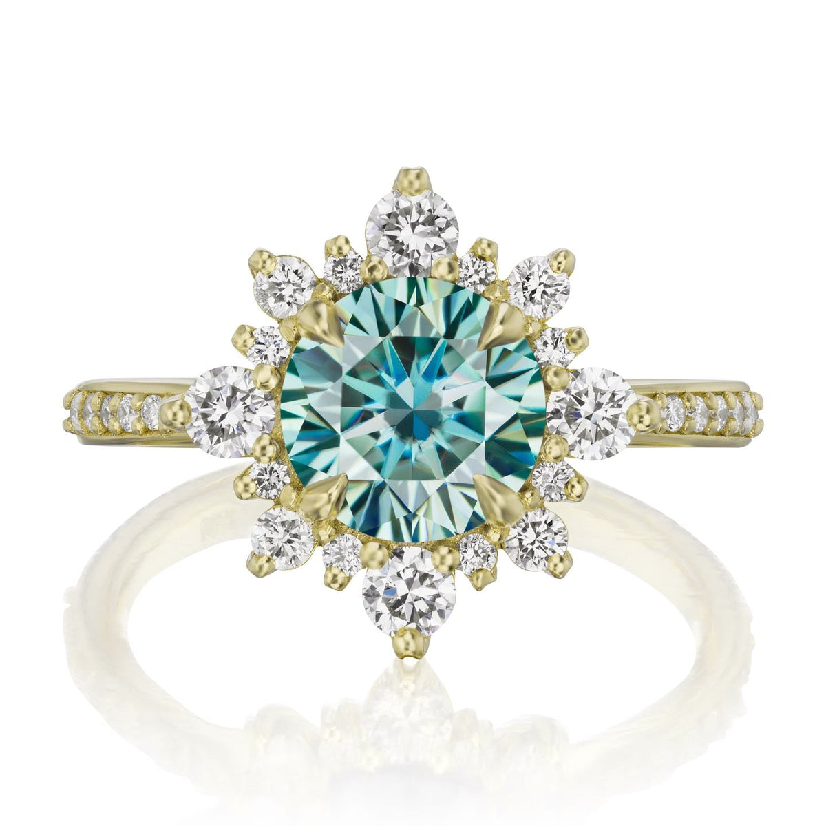 ・REYNA・Aqua-Teal Iconic™ Moissanite Center, Diamond Halo (1.93ctw+)