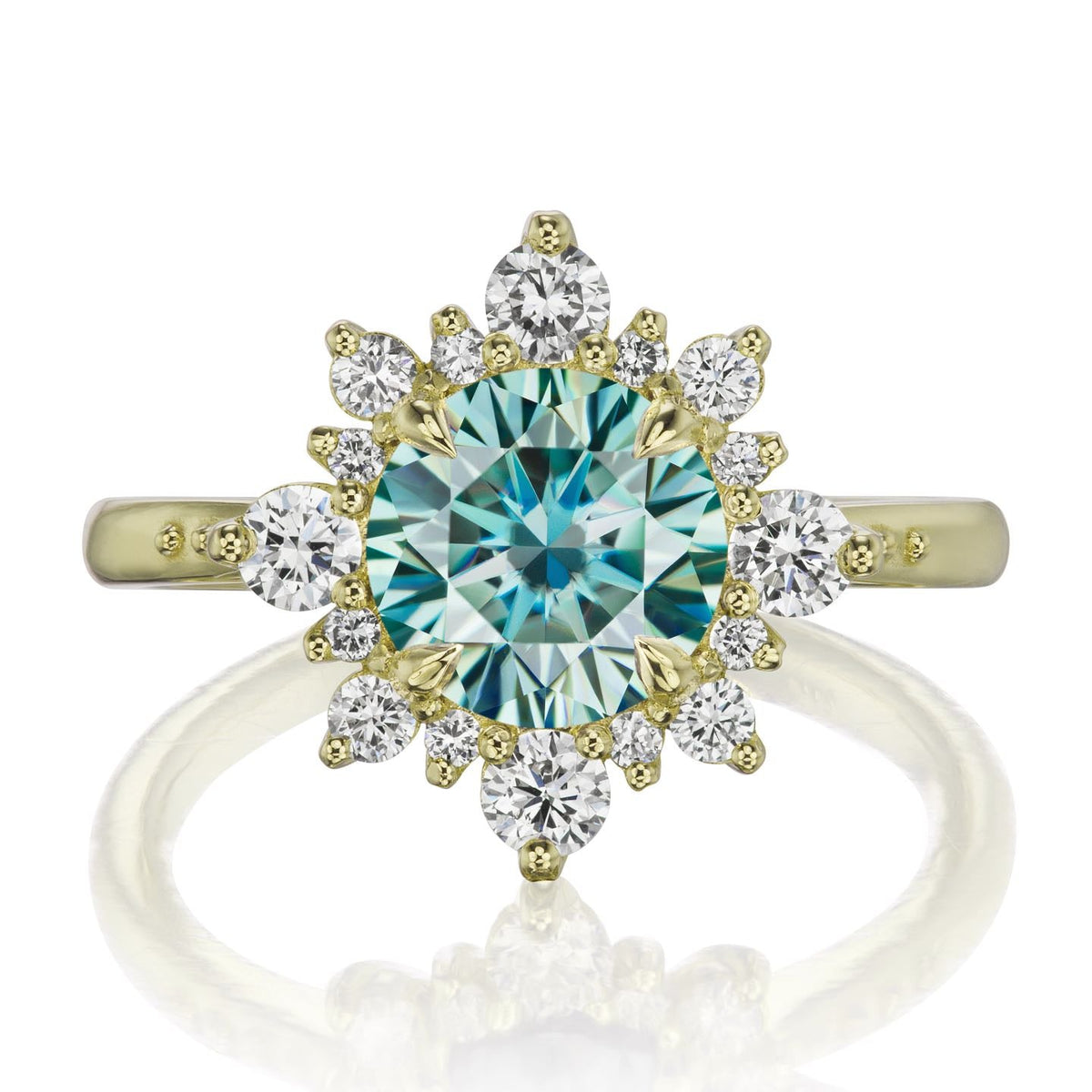 ・REYNA・Aqua-Teal Iconic™ Moissanite Center, Diamond Halo (1.93ctw+)