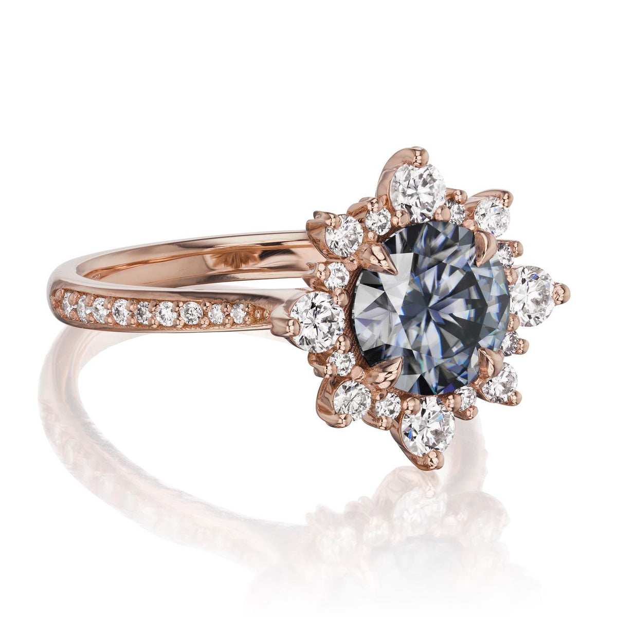 ・REYNA・Iconic™ Grey Moissanite Center, Diamond Halo (1.93ctw+)