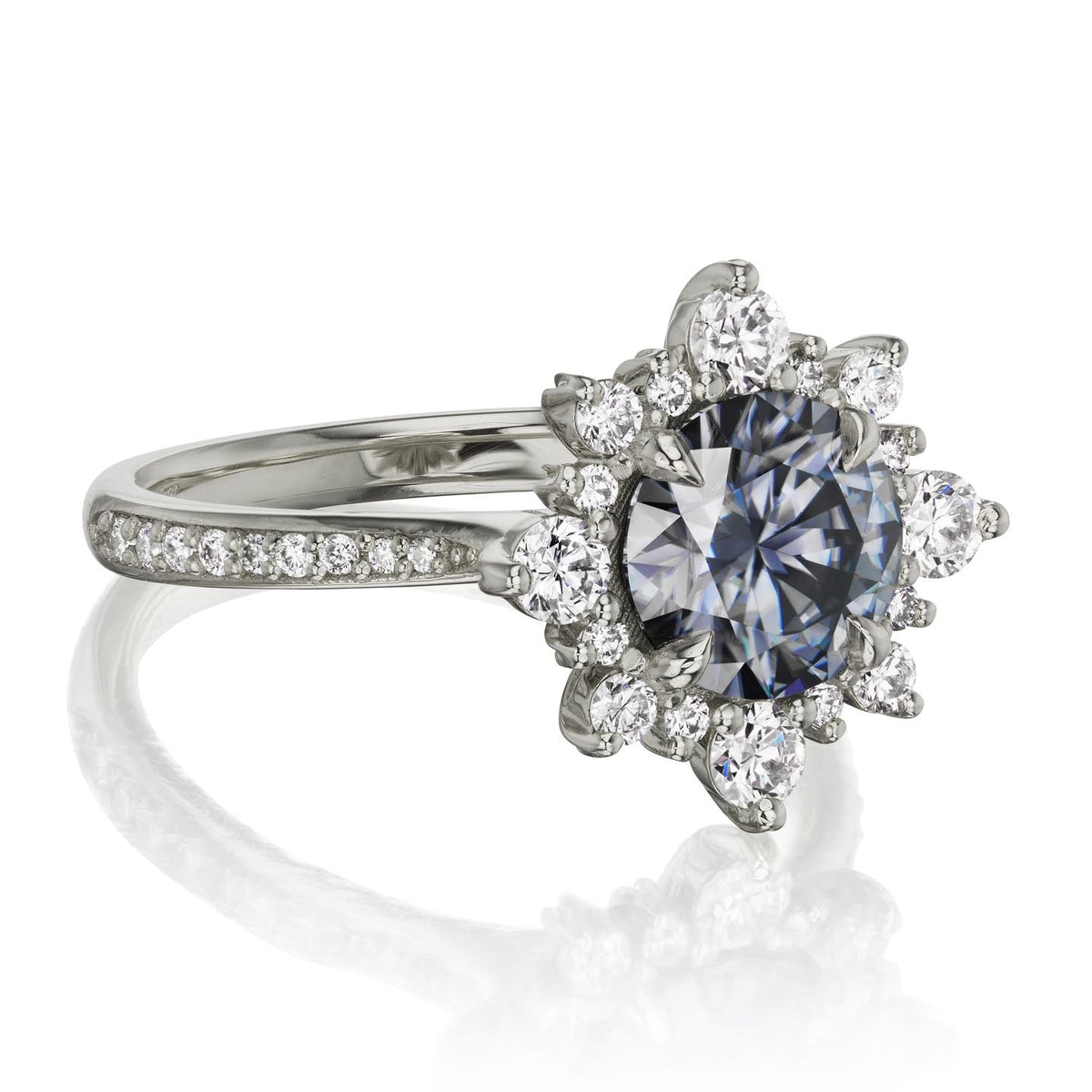 ・REYNA・Iconic™ Grey Moissanite Center, Diamond Halo (1.93ctw+)