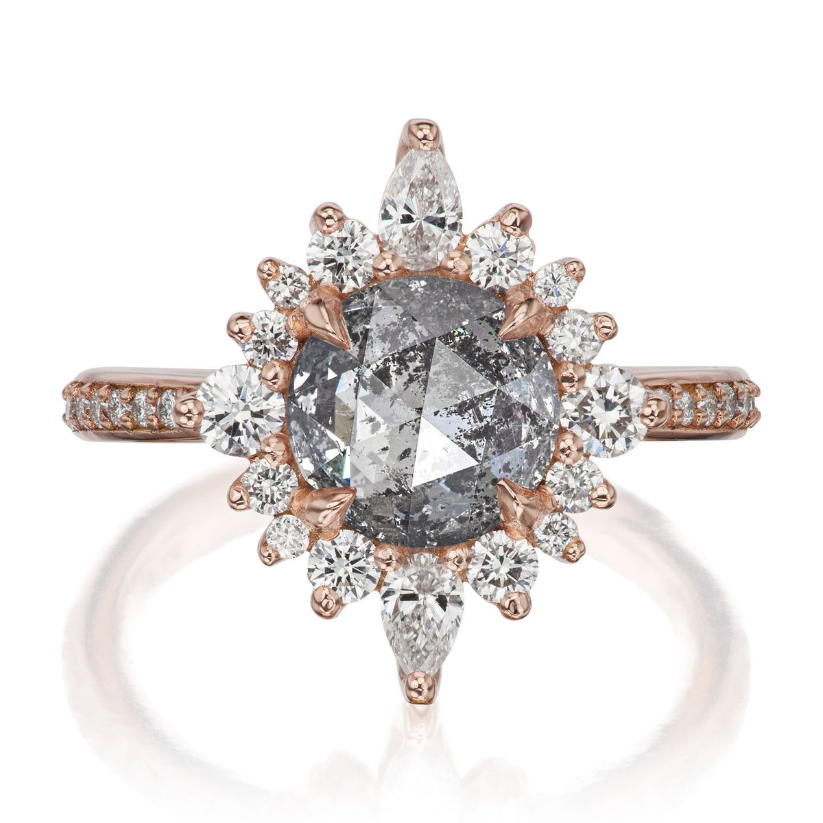 ・ZAHRA・Rose Cut Salt + Pepper Diamond Center, Diamond Halo (2.02ctw+)