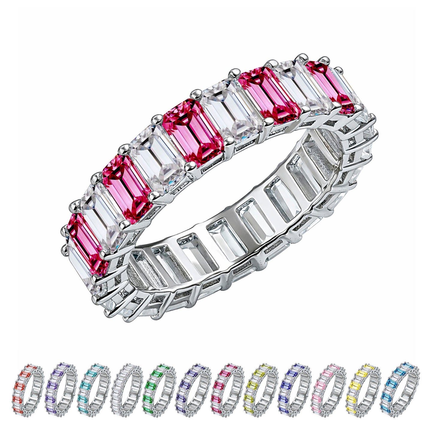 10 Carat Emerald Cut Birthstone - Multicolor Eternity Wedding Band