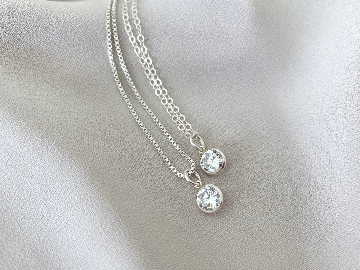 Sterling Silver CZ Charm Necklace April Birthstone Jewelry Silver Box Chain Minimalist Sterling Crystal Pendant Necklace Christmas Gifts