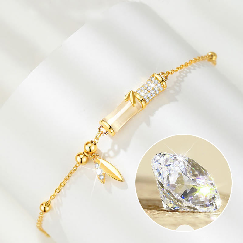 Fortune Jewel 925 Sterling Silver 18K Gold Plated White Jade Bamboo Zircon Leaf Luck Bracelet