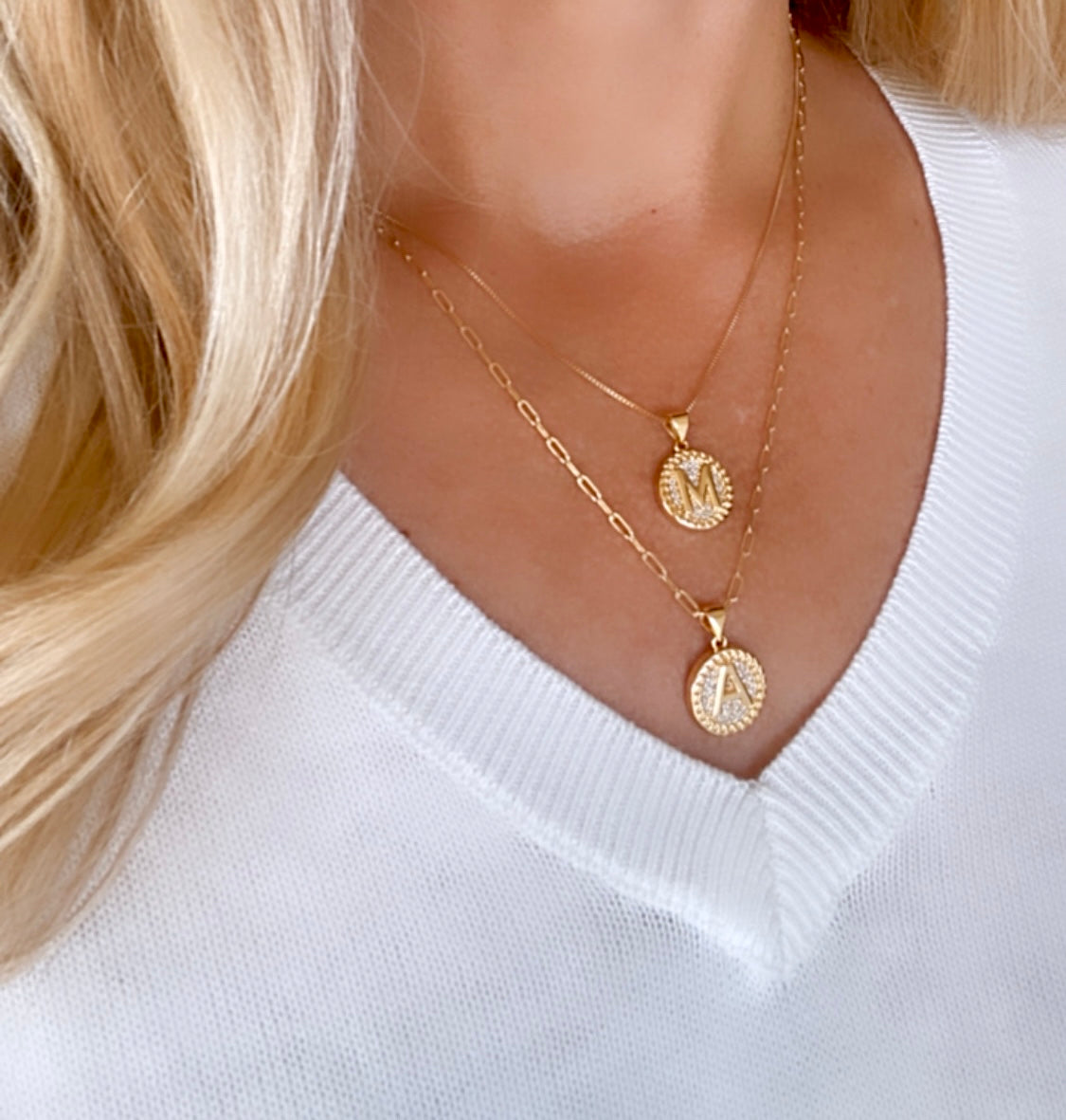 Gold Filled Letter Necklace Micro Pave Initial Pendant Coin Charm Minimalist CZ Letter Pendant Christmas Gift Paperclip Box Figaro Chain