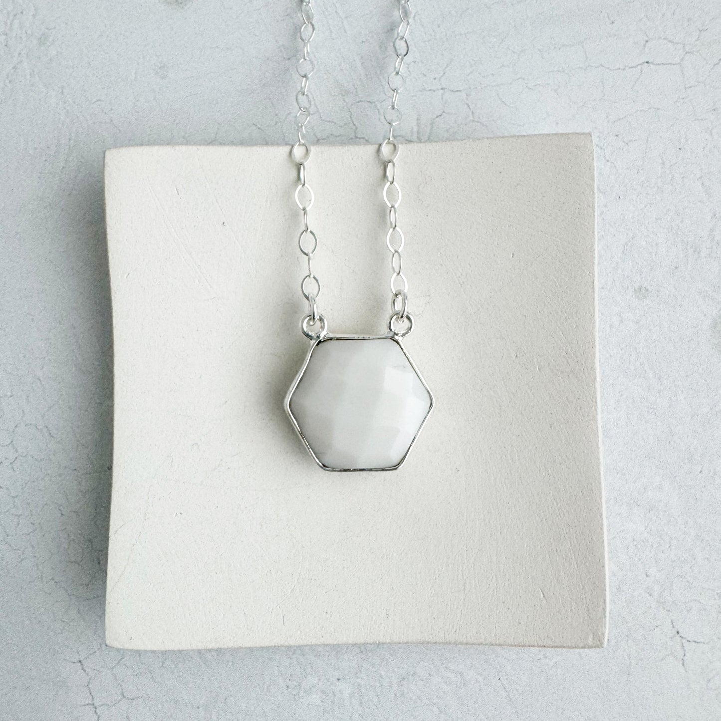 Dainty Hexagon Bezel Necklace - White Agate