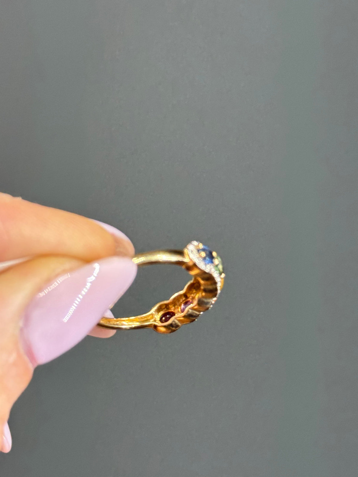Estate 10k Yellow Gold & Natural Multi-Colored Sapphires and Diamond Puffy Ring