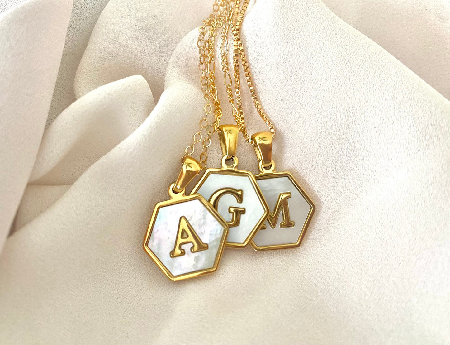 Gold Hexagon Mother of Pearl Letter Pendant Necklace - Gold Filled Chain
