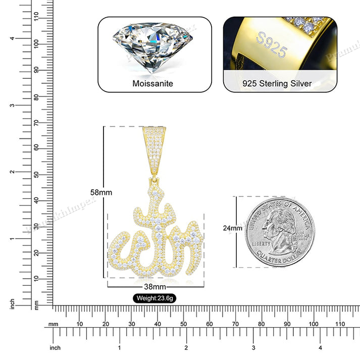 Hip Hop Moissanite Sterling Silver Bismillah Pendant