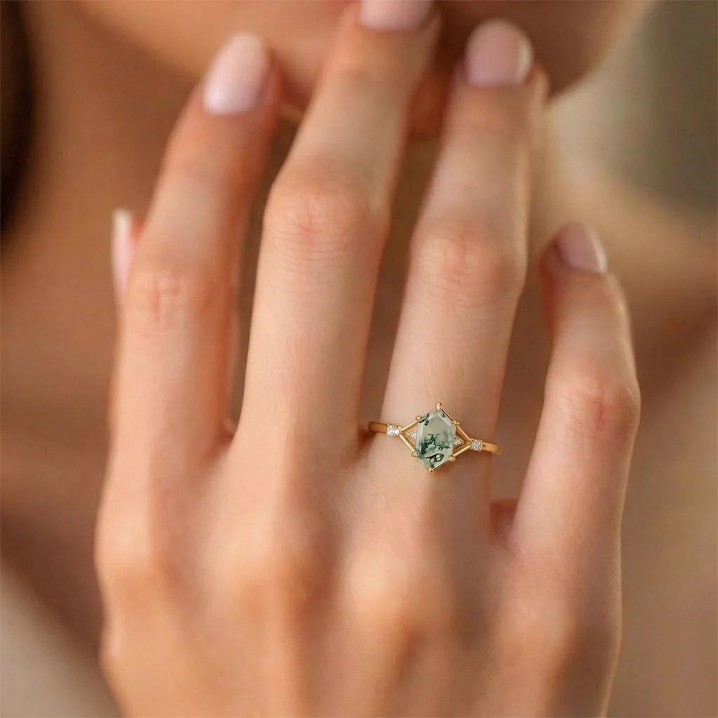 Isadora’s Imprint | Hexagon Cut Moss Agate Engagement Ring