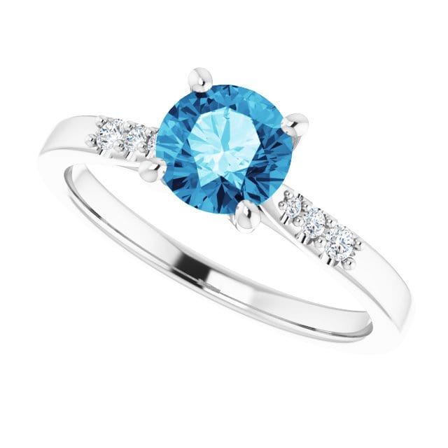Blue Moissanite Prong Set Natalie Engagement Ring with Accented Cathedral Shank