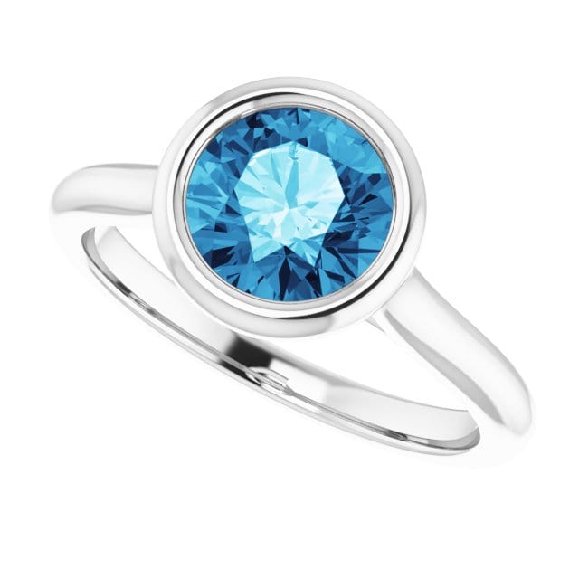 Round Blue-Gray Moissanite Bezel Set Accented Cathedral Odette Engagement Ring