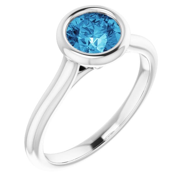 Round Blue-Gray Moissanite Bezel Set Accented Cathedral Odette Engagement Ring