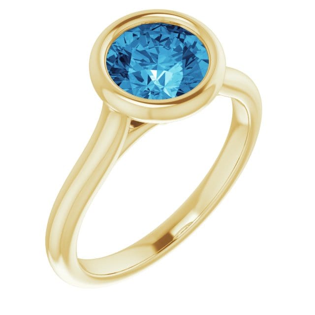 Round Blue-Gray Moissanite Bezel Set Accented Cathedral Odette Engagement Ring