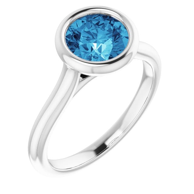 Round Blue-Gray Moissanite Bezel Set Accented Cathedral Odette Engagement Ring