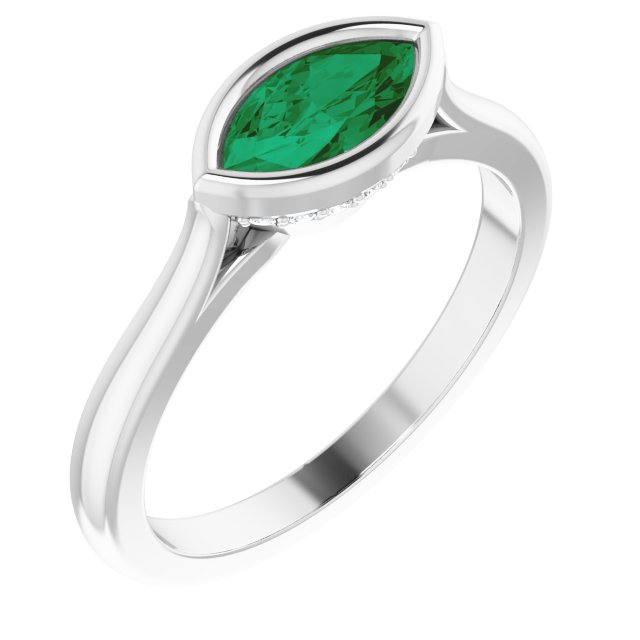 Sideways Bezel Set Marquise Emerald Accented Engagement Ring
