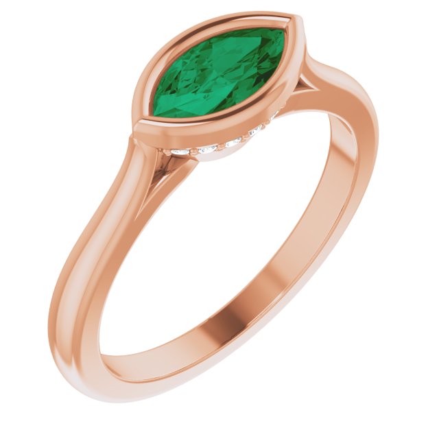 Sideways Bezel Set Marquise Emerald Accented Engagement Ring