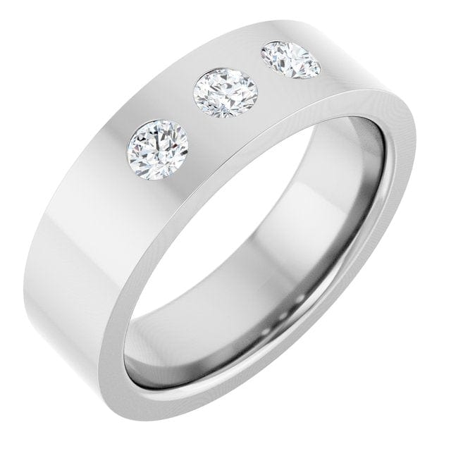 Sia Ring - 6mm wide 3 Diamond, Moissanite or Sapphire Flush Set Flat Wedding Band