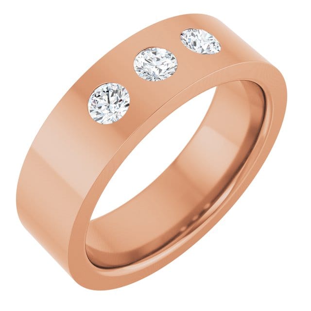 Sia Ring - 6mm wide 3 Diamond, Moissanite or Sapphire Flush Set Flat Wedding Band