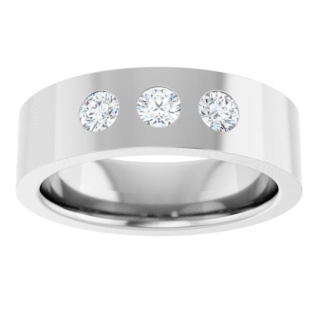 Sia Ring - 6mm wide 3 Diamond, Moissanite or Sapphire Flush Set Flat Wedding Band