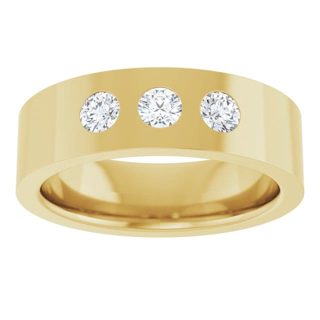 Sia Ring - 6mm wide 3 Diamond, Moissanite or Sapphire Flush Set Flat Wedding Band