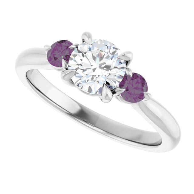 Tracy - Three Stone Diamond Prong Set Engagement Ring with Alexandrite Side Stones