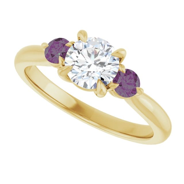 Tracy - Three Stone Diamond Prong Set Engagement Ring with Alexandrite Side Stones