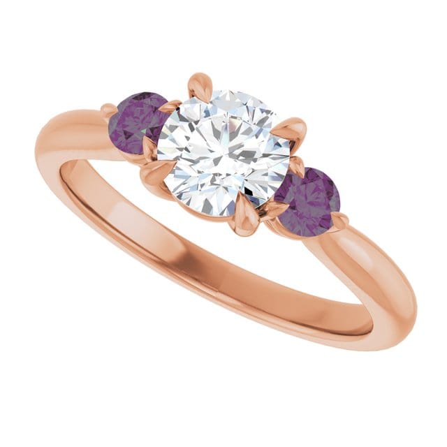 Tracy - Three Stone Diamond Prong Set Engagement Ring with Alexandrite Side Stones