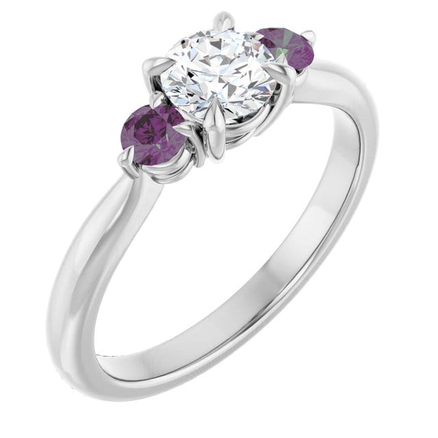 Tracy - Three Stone Diamond Prong Set Engagement Ring with Alexandrite Side Stones