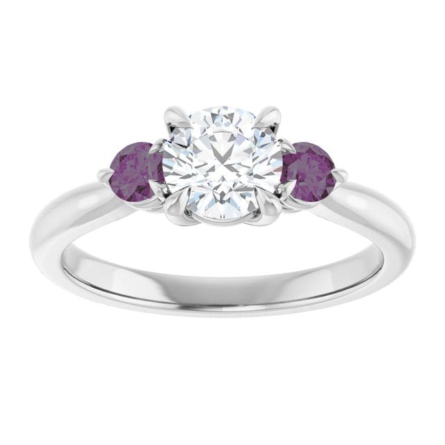 Tracy - Three Stone Diamond Prong Set Engagement Ring with Alexandrite Side Stones