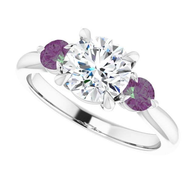 Tracy - Three Stone Diamond Prong Set Engagement Ring with Alexandrite Side Stones