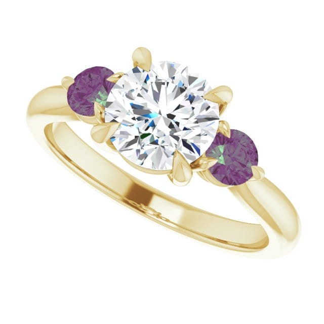 Tracy - Three Stone Diamond Prong Set Engagement Ring with Alexandrite Side Stones