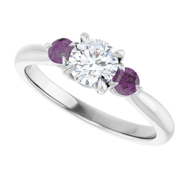 Tracy - Three Stone Diamond Prong Set Engagement Ring with Alexandrite Side Stones
