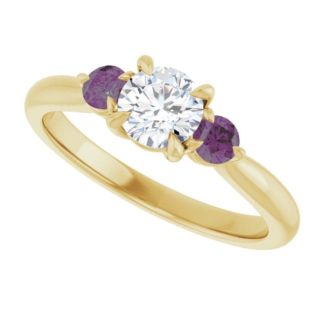 Tracy - Three Stone Diamond Prong Set Engagement Ring with Alexandrite Side Stones