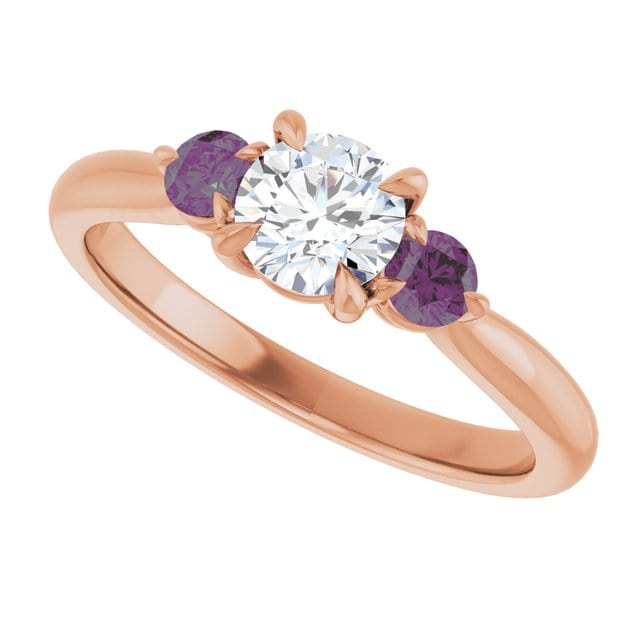 Tracy - Three Stone Diamond Prong Set Engagement Ring with Alexandrite Side Stones