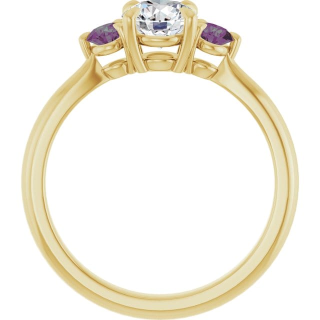 Tracy - Three Stone Diamond Prong Set Engagement Ring with Alexandrite Side Stones