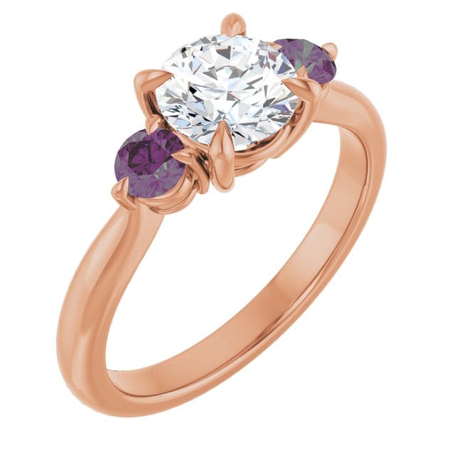 Tracy - Three Stone Diamond Prong Set Engagement Ring with Alexandrite Side Stones
