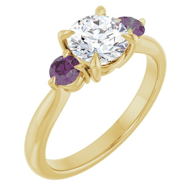 Tracy - Three Stone Diamond Prong Set Engagement Ring with Alexandrite Side Stones