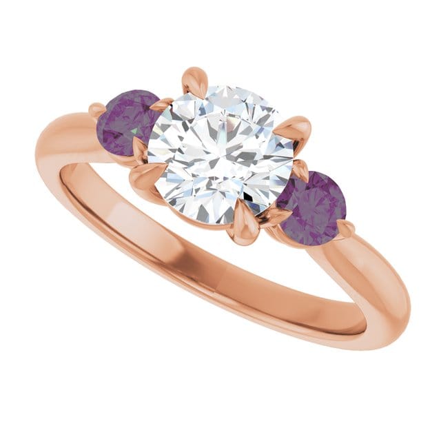 Tracy - Three Stone Diamond Prong Set Engagement Ring with Alexandrite Side Stones