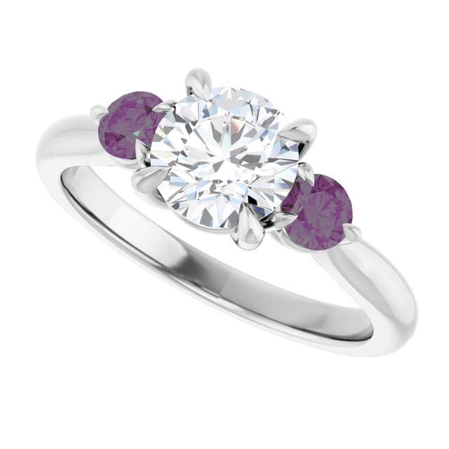 Tracy - Three Stone Diamond Prong Set Engagement Ring with Alexandrite Side Stones