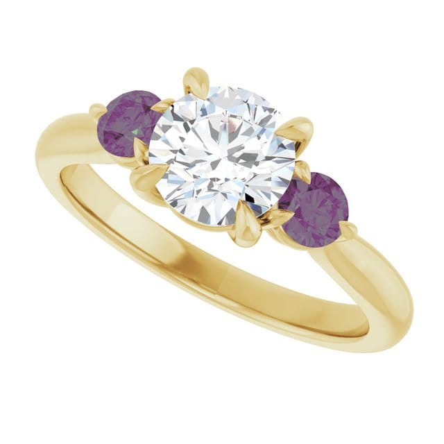 Tracy - Three Stone Diamond Prong Set Engagement Ring with Alexandrite Side Stones