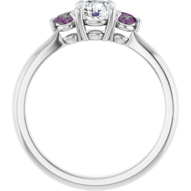 Tracy - Three Stone Diamond Prong Set Engagement Ring with Alexandrite Side Stones